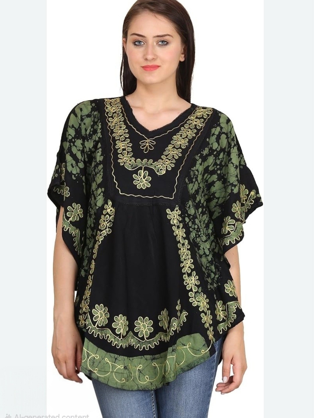 Embroidered Black Blouse with Olive Green Accents
